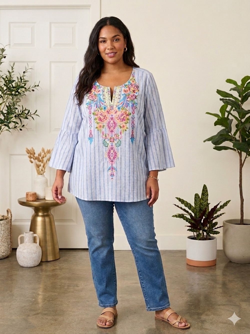 Savanna Jane Boho Embroidered Striped Blouse 3X Contrast Floral Back